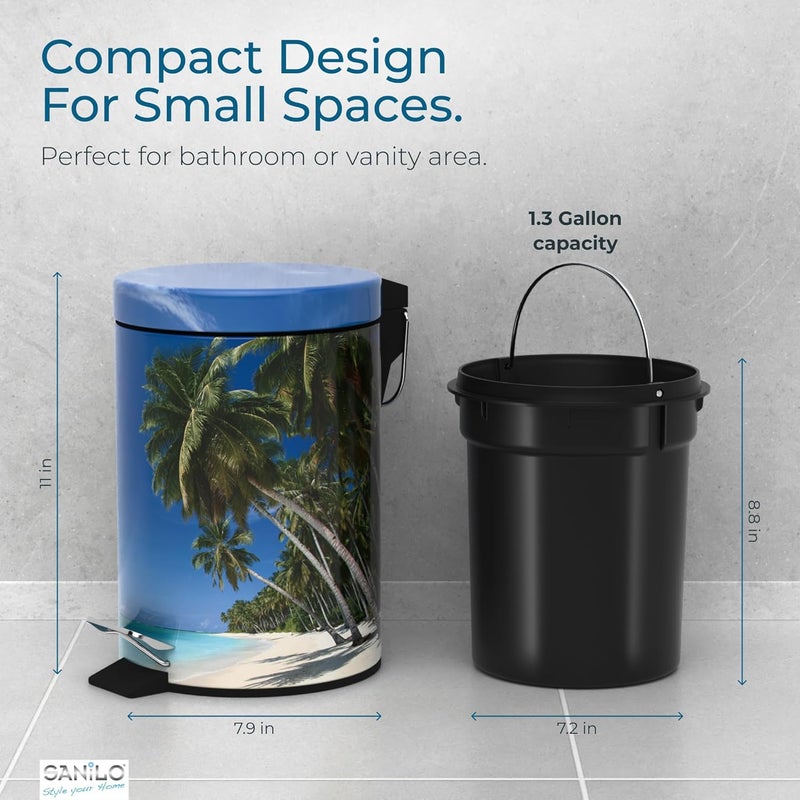 Sanilo Small Bathroom Trash Can with Lid [1.3 Gallon] - Lidded Tiny Trashcan for Garbage - Mini Metal Bin with Soft Closing Mechanism - Bath Room Accessoire Wastebin with Inner Bucket (Caribbean) - Image 5